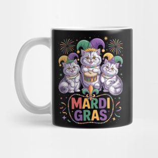 Mardi Gras Three Cute British Longhair Cats Masked Beads Mug